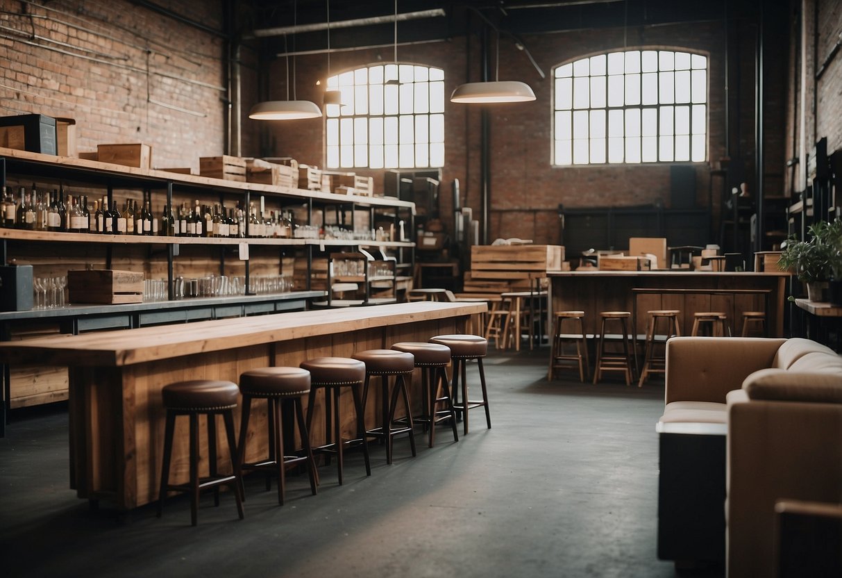 A warehouse filled with various bar furniture, including stools, tables, and counters, neatly organized for rental