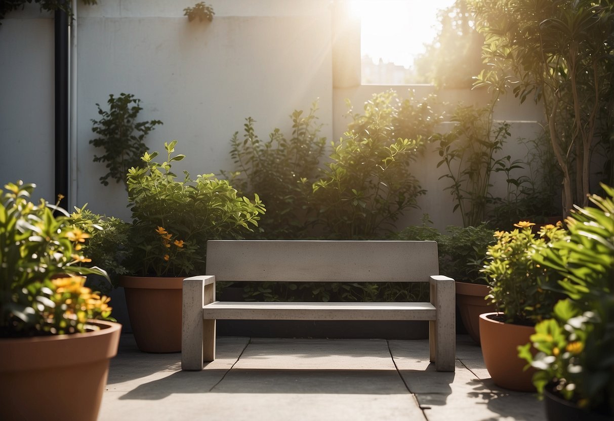 A concrete bench sits in a serene outdoor garden, surrounded by potted plants and a small table. The sun casts a warm glow on the smooth, minimalist design