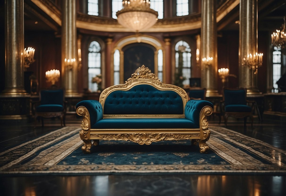 A regal throne surrounded by elegant, ornate furniture in a grand hall. Rich colors and luxurious textures create a sense of opulence and sophistication