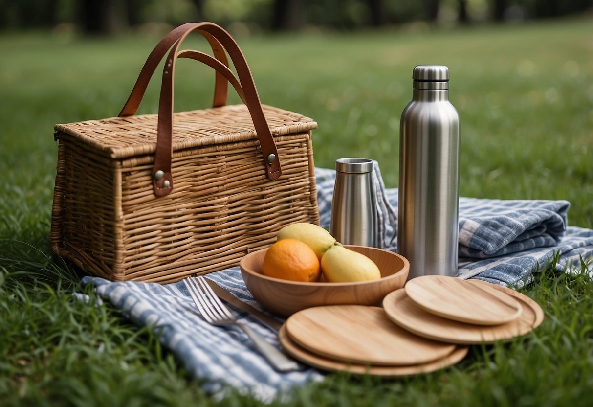 A picnic blanket spread out on green grass, surrounded by reusable bamboo plates and utensils, a metal water bottle, and a cloth tote bag for waste-free cleanup