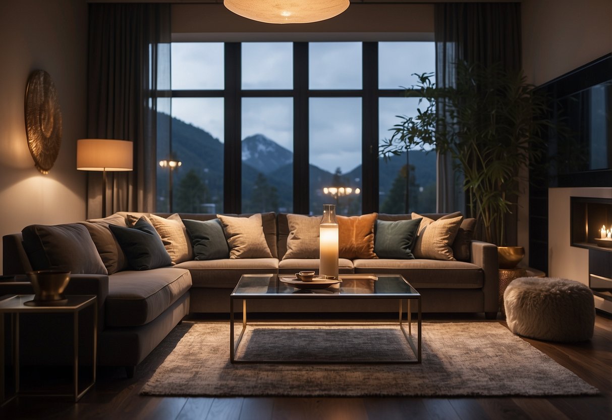 A cozy living room with a modern Jasper sofa as the focal point, surrounded by elegant furniture and warm lighting