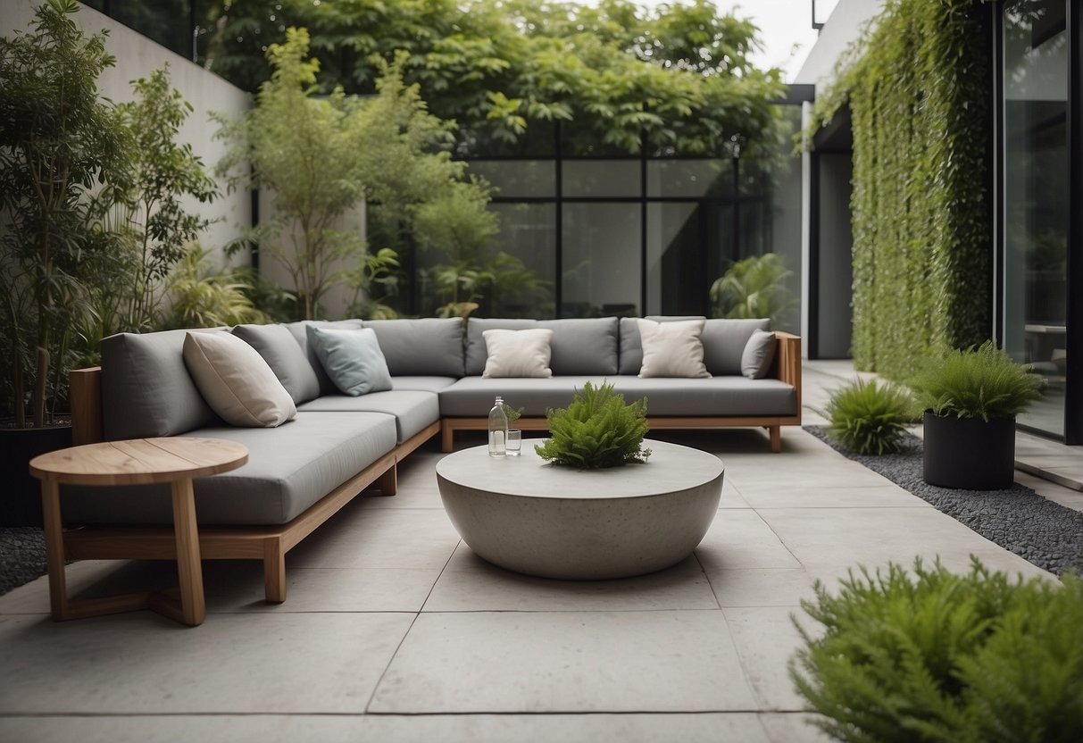 A modern outdoor space with concrete furniture arranged in a minimalist design, surrounded by greenery and natural light