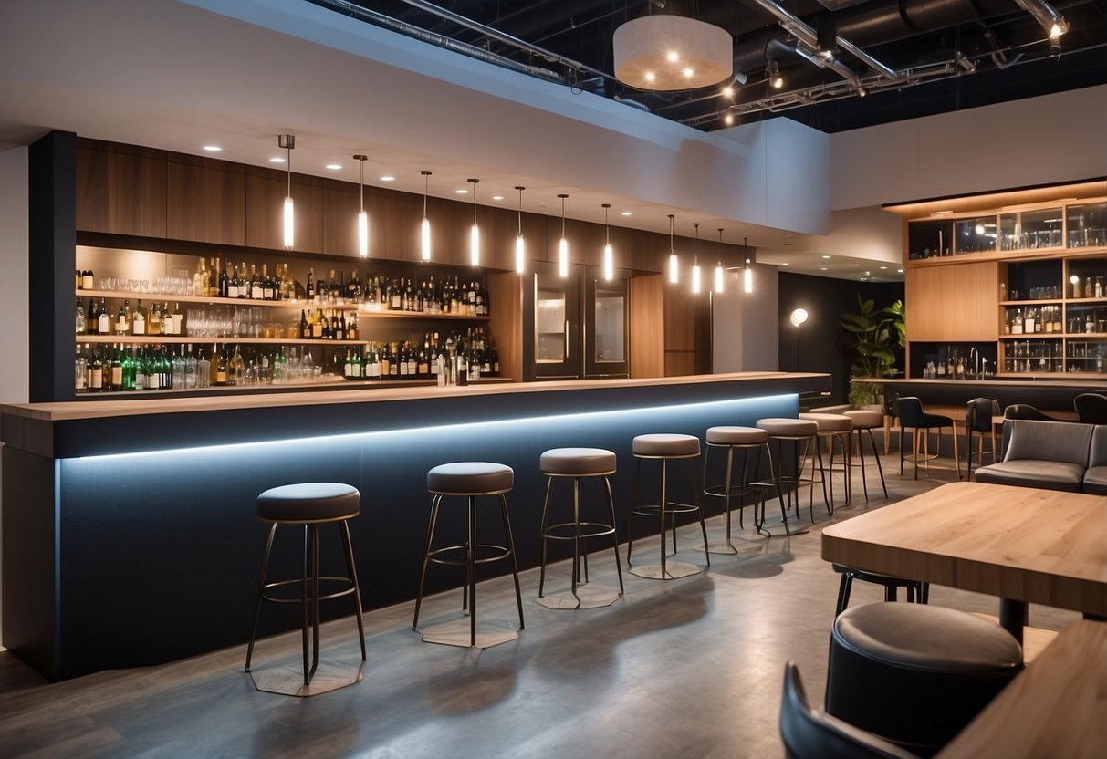 A spacious showroom displays various bar furniture options for rental. Bright lighting and sleek designs create an inviting atmosphere