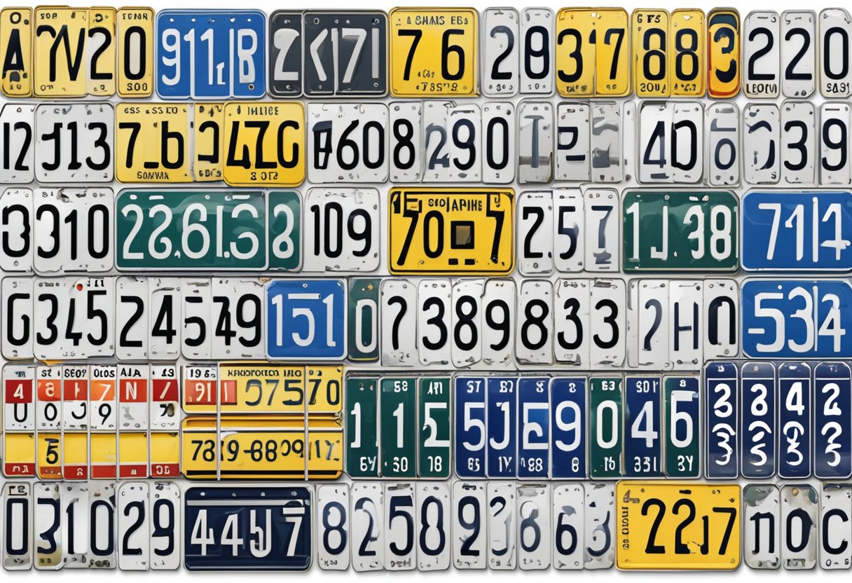 A row of German license plates arranged in a systematic order, displaying various combinations of letters and numbers