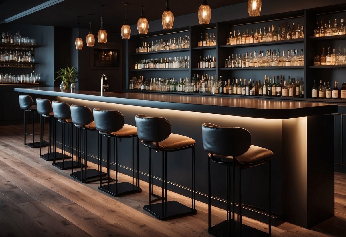 A sleek and modern bar counter with high-quality stools, elegant lighting, and a backdrop of stylish shelving displaying top-shelf liquor bottles
