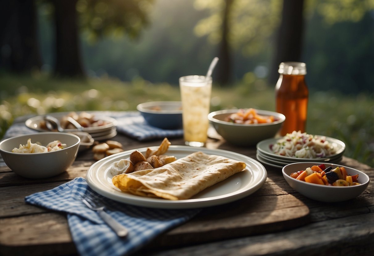 A traditional picnic scene with littered plastic utensils, food wrappers, and disposable plates. Nearby, wildlife is disturbed by the waste, and the natural environment is visibly impacted