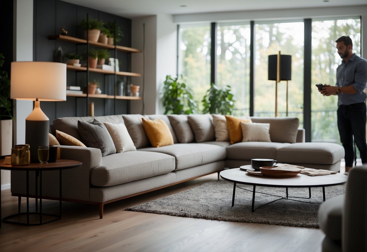 A person unwraps a new Jasper Sofa, setting it up in their living room, admiring its sleek design and comfortable cushions