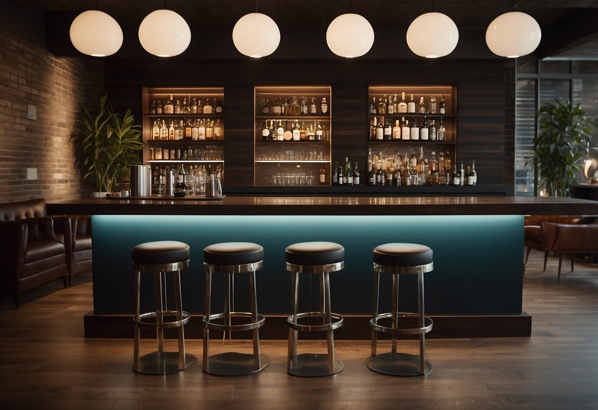 A modern, sleek bar setup with high-quality furniture and a prominent "Frequently Asked Questions" sign displayed prominently