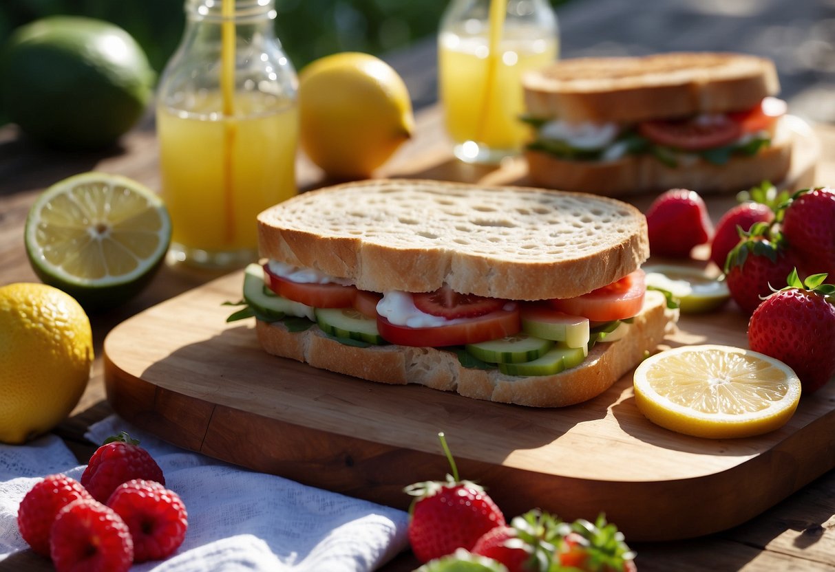 A colorful picnic blanket spread out with 10 mouthwatering sandwiches arranged neatly on a wooden cutting board, surrounded by fresh fruits and a bottle of refreshing lemonade