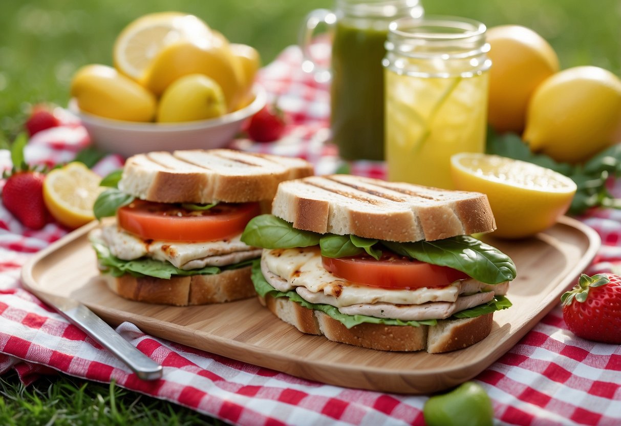 A grilled chicken pesto sandwich sits on a checkered picnic blanket, surrounded by fresh fruit, a thermos of lemonade, and a colorful array of other sandwiches