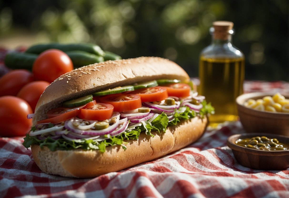 A mouthwatering Spicy Italian sub sits on a checkered picnic blanket, surrounded by fresh ingredients and a bottle of olive oil