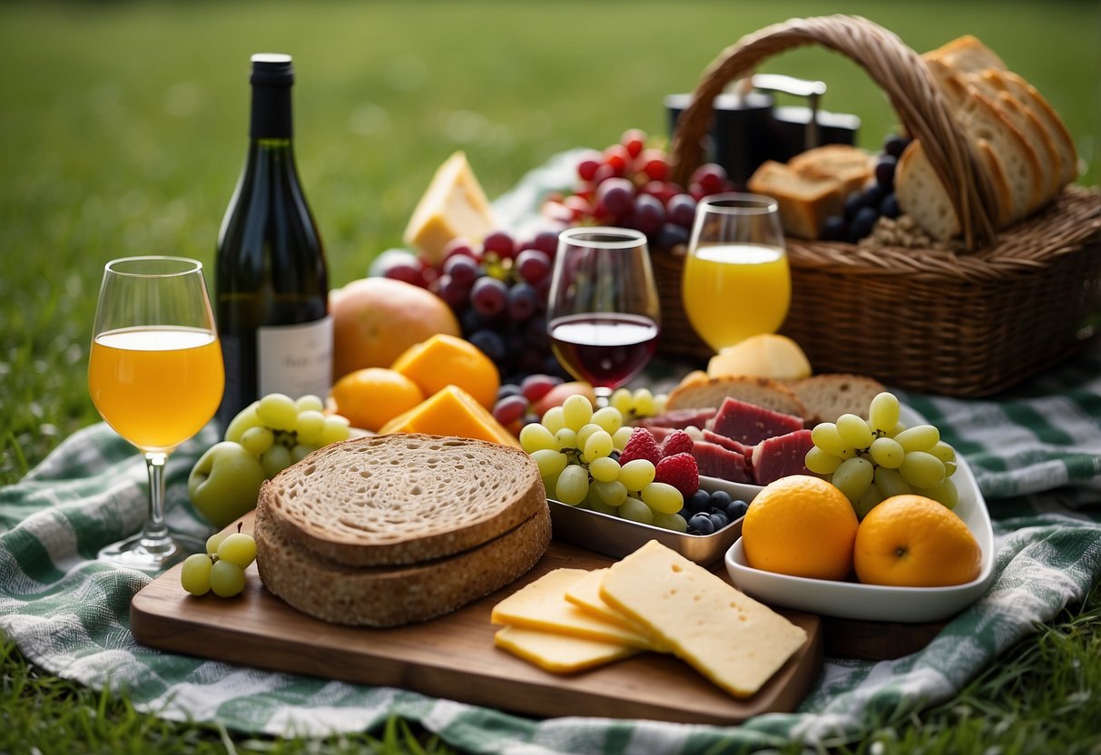 A picnic blanket spread out on green grass, with a wicker basket filled with sandwiches, including a hearty roast beef and cheddar creation, surrounded by fresh fruit and a bottle of wine