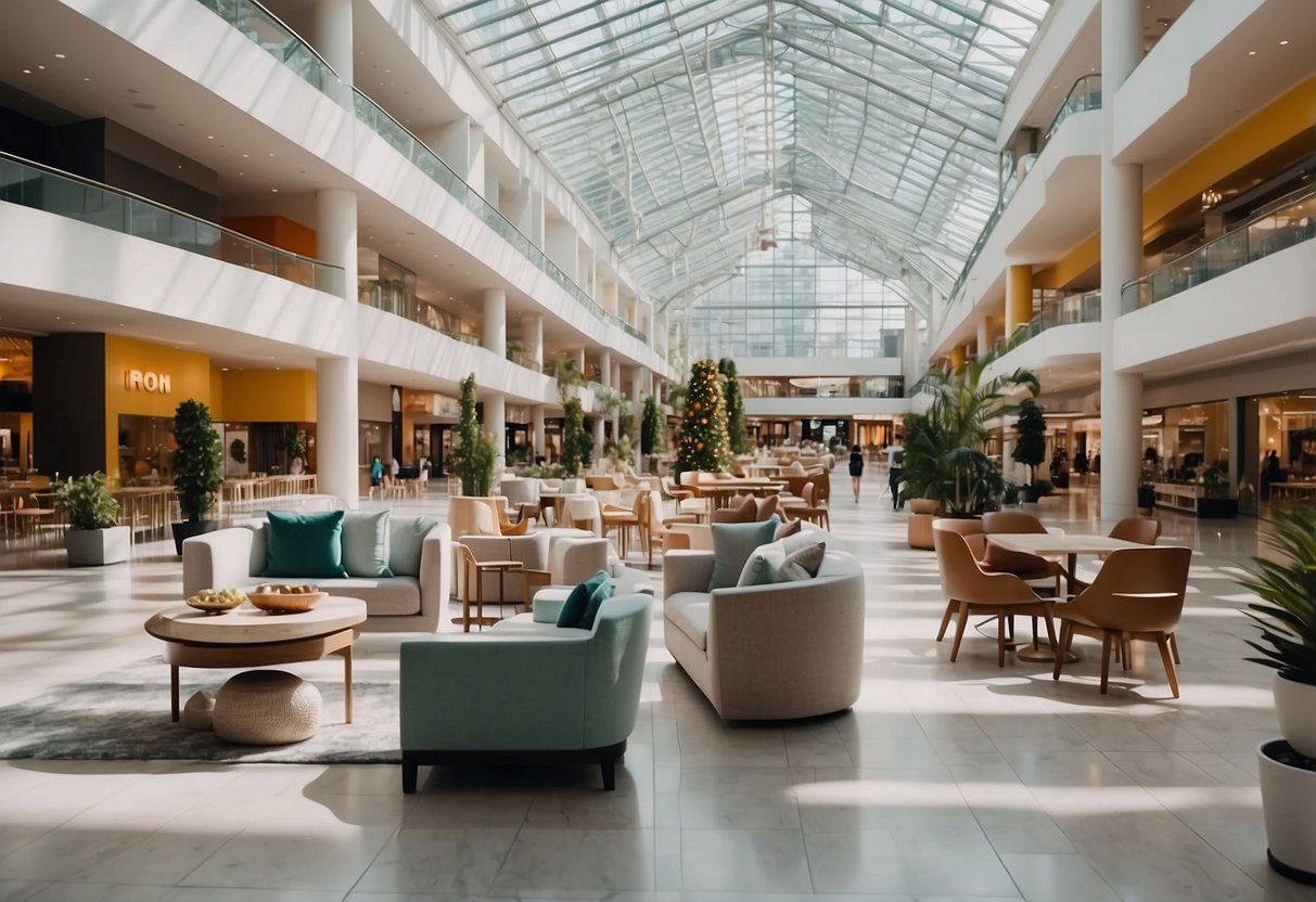 An airy, modern furniture mall with sleek displays and vibrant decor, set against a backdrop of bustling shoppers and natural light