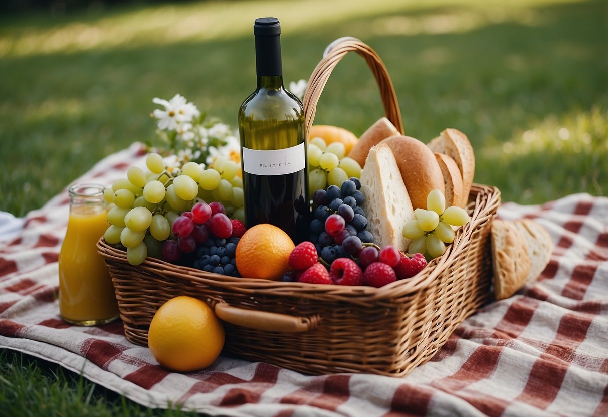 A picnic basket filled with a checkered blanket, sandwiches, fruit, cheese, a bottle of wine, and a bouquet of flowers laid out on the grass