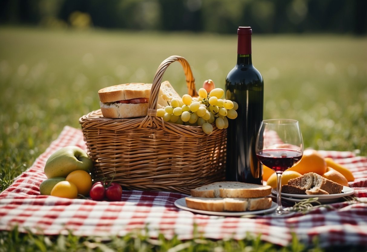 A picnic basket filled with sandwiches, fruits, cheeses, and a bottle of wine sits on a checkered blanket in a sunny grassy field. A bouquet of flowers adds a pop of color to the scene