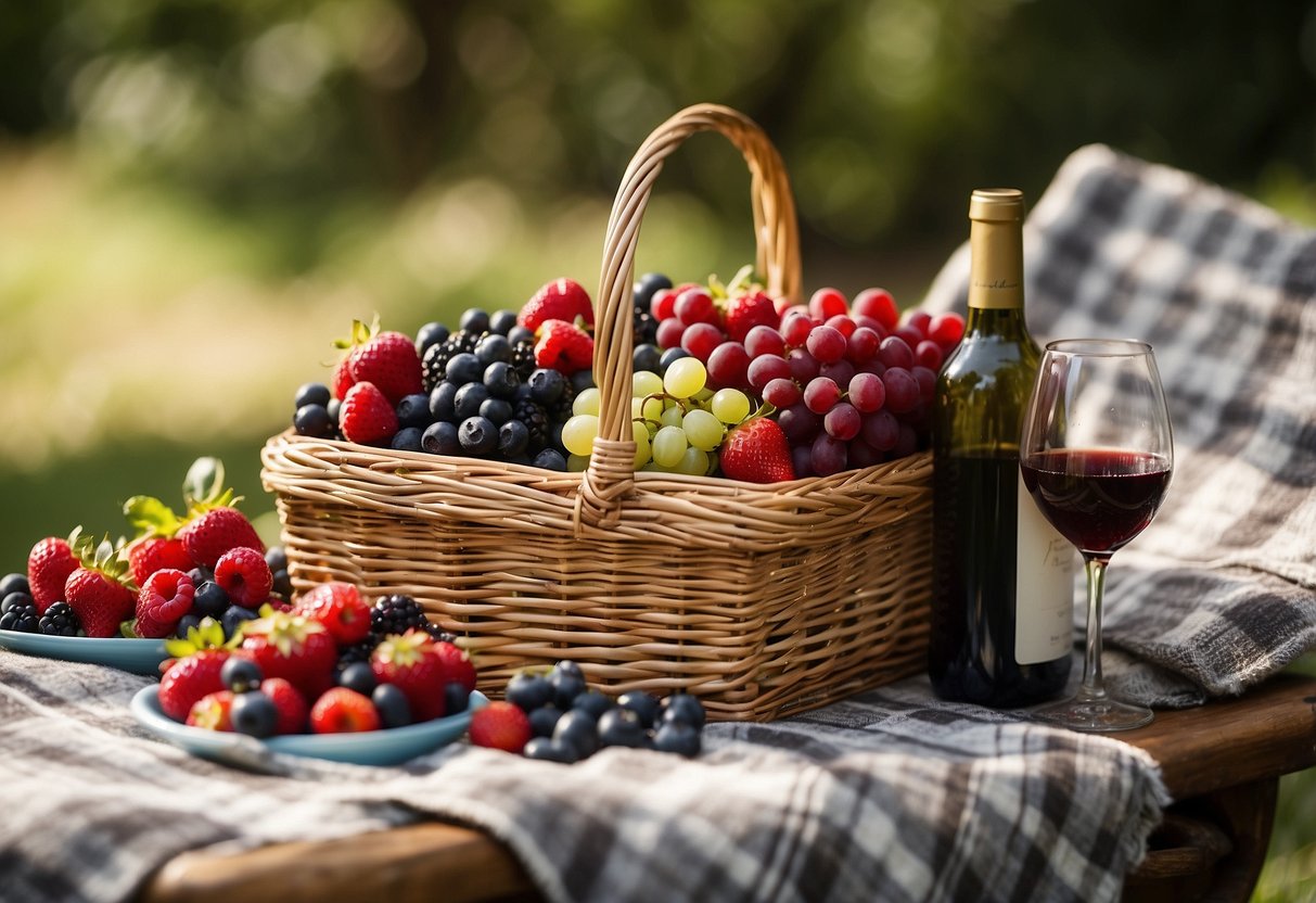 A wicker picnic basket filled with an assortment of fresh berries, neatly packed alongside a checkered blanket and a bottle of chilled wine