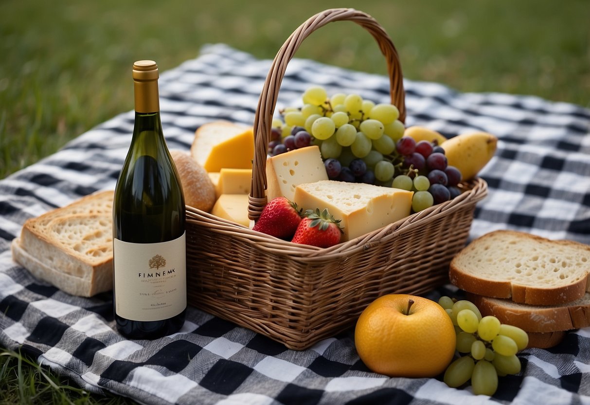 A wicker picnic basket filled with a baguette, cheese, fruit, and a bottle of wine sits on a checkered blanket in a grassy field