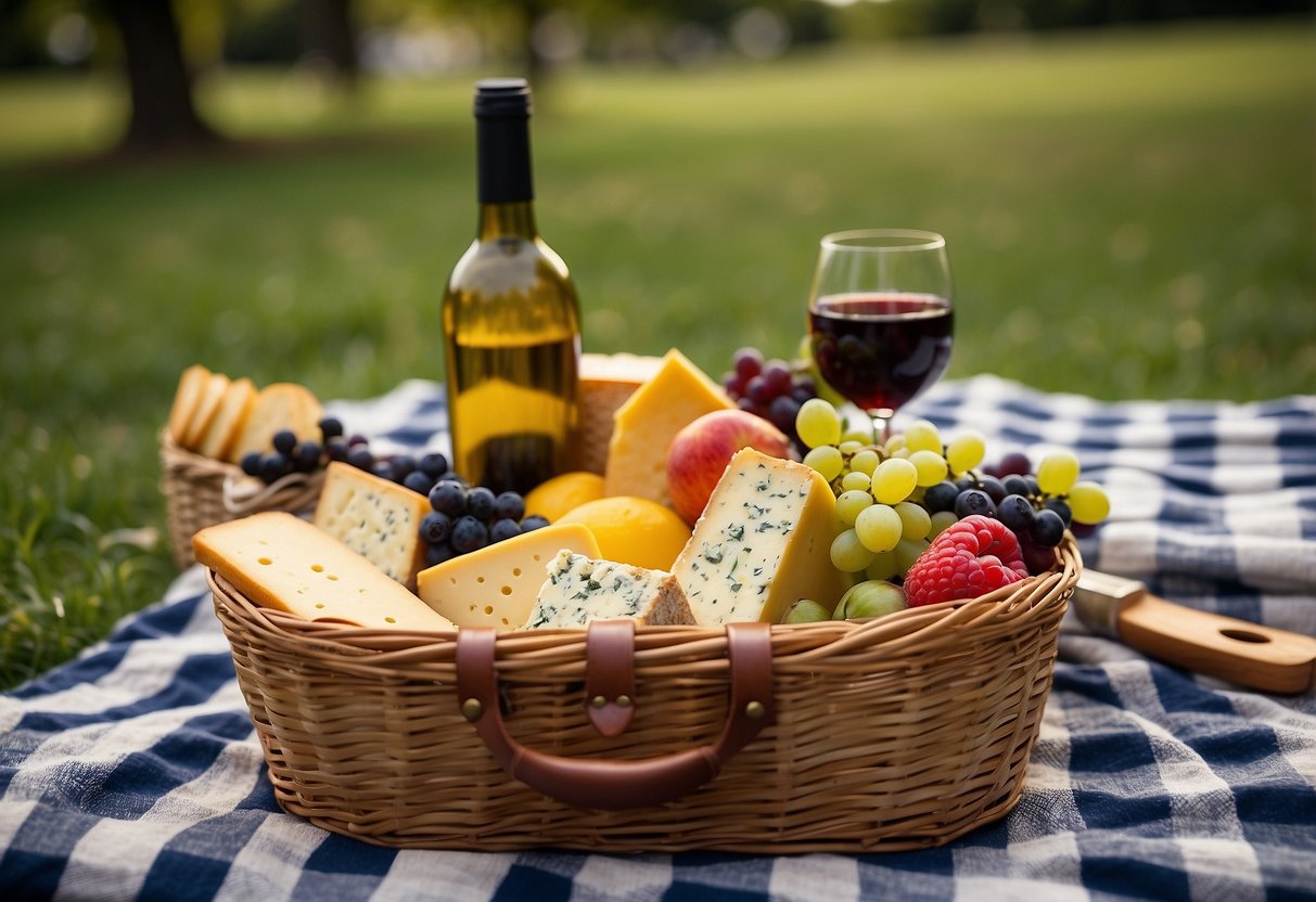 A picnic basket filled with assorted cheeses, fruits, and crackers on a checkered blanket in a grassy park. A bottle of wine, a cheese board, and a small knife are also laid out