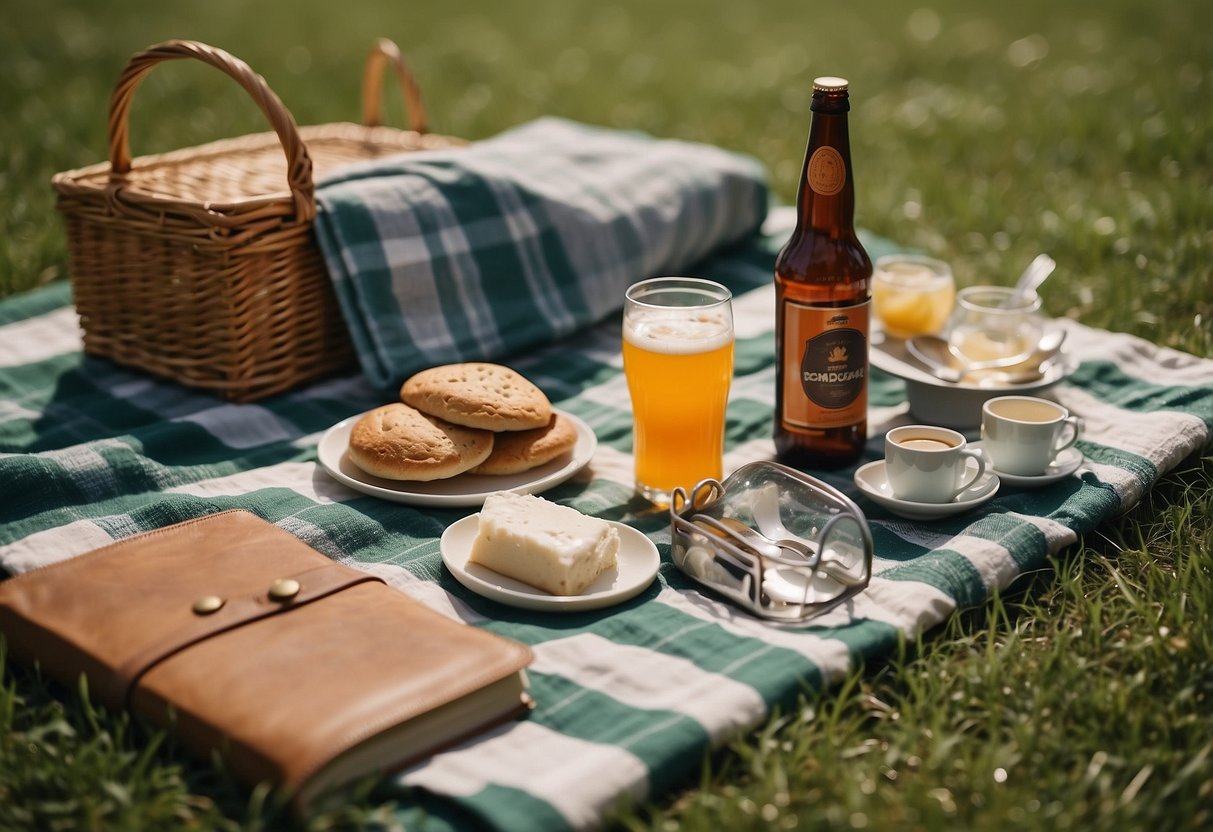 A picnic blanket spread out on lush green grass, with a wicker picnic basket, a thermos of iced tea, and a stack of magazines