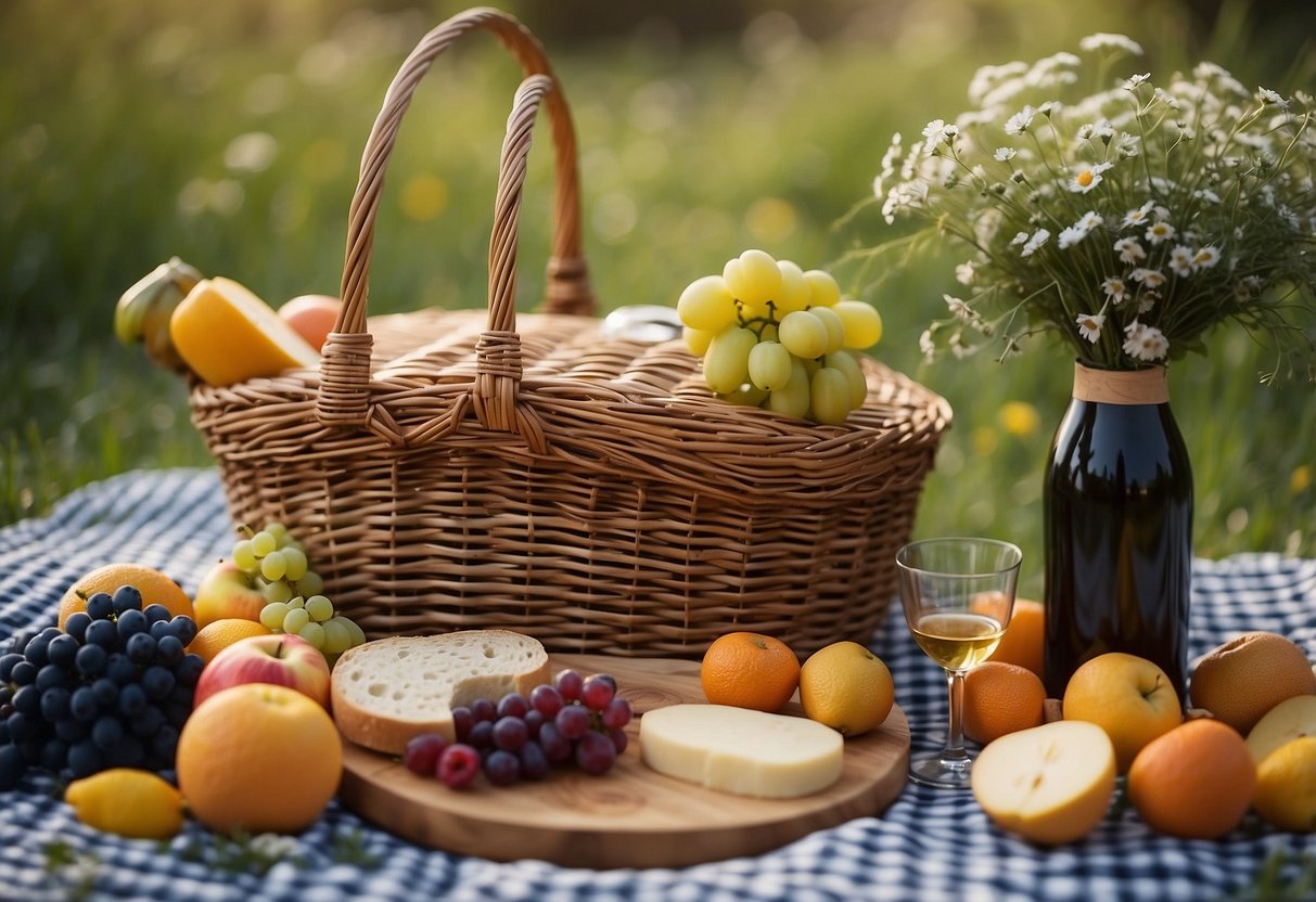 A wicker picnic basket sits open on a checkered blanket. Fresh fruits, sandwiches, and cheese are neatly packed alongside a chilled bottle of wine and a bouquet of wildflowers