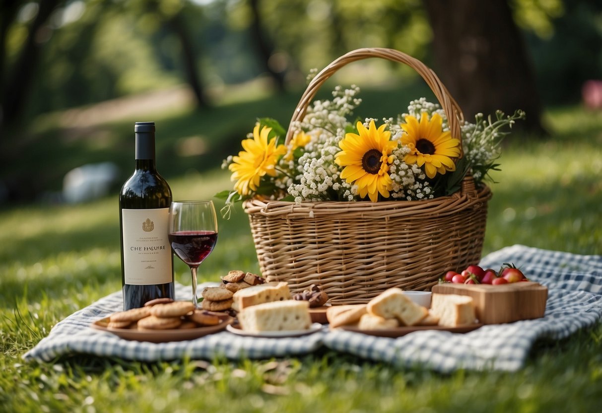 A picnic blanket spread out on lush green grass, with a wicker picnic basket filled with delicious treats and a bottle of wine, surrounded by blooming flowers and chirping birds