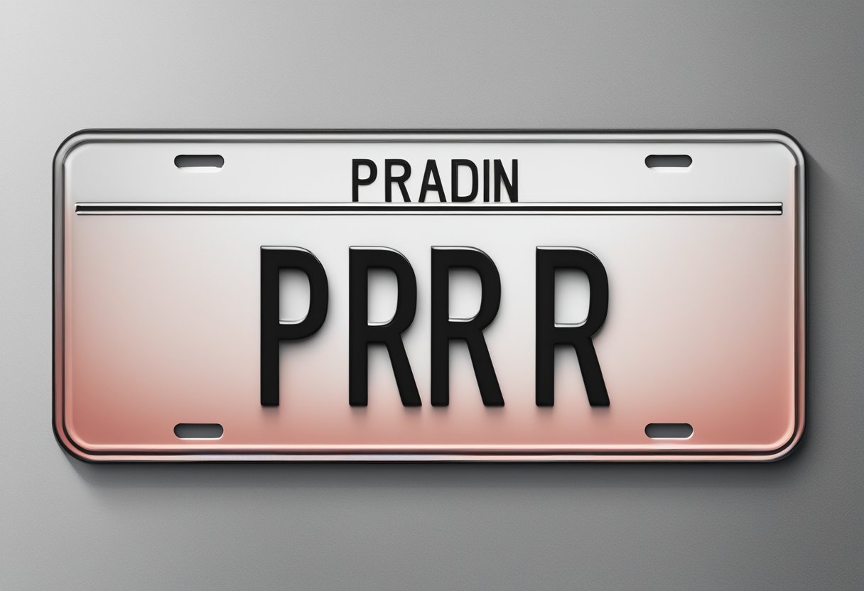 A red PR license plate hanging on a wall, with bold black letters and a clear border, symbolizing the significance of PR branding