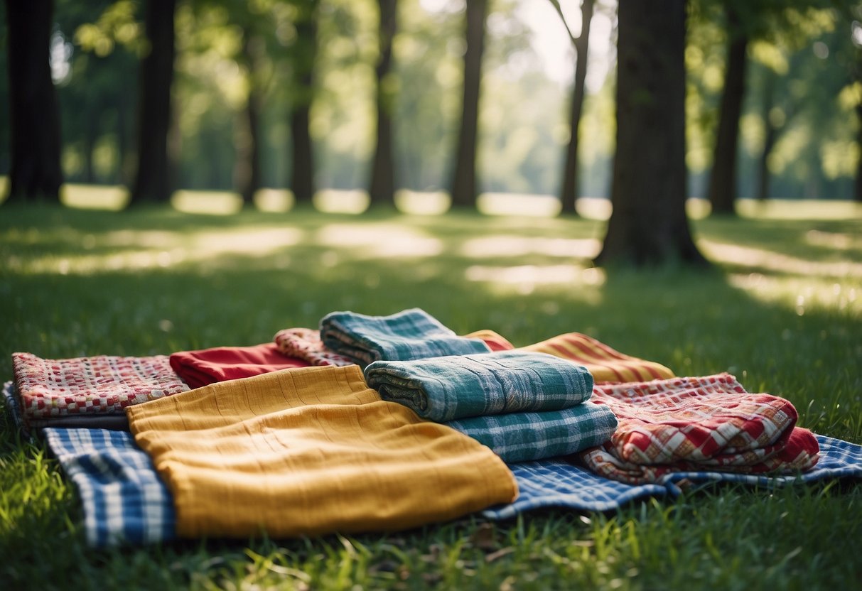 A group of colorful picnic blankets spread out on lush green grass, surrounded by tall trees and a clear blue sky overhead