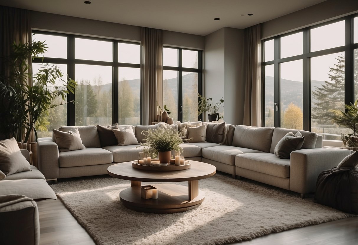 A cozy living room with plush sofas and elegant coffee tables, bathed in warm natural light from large windows