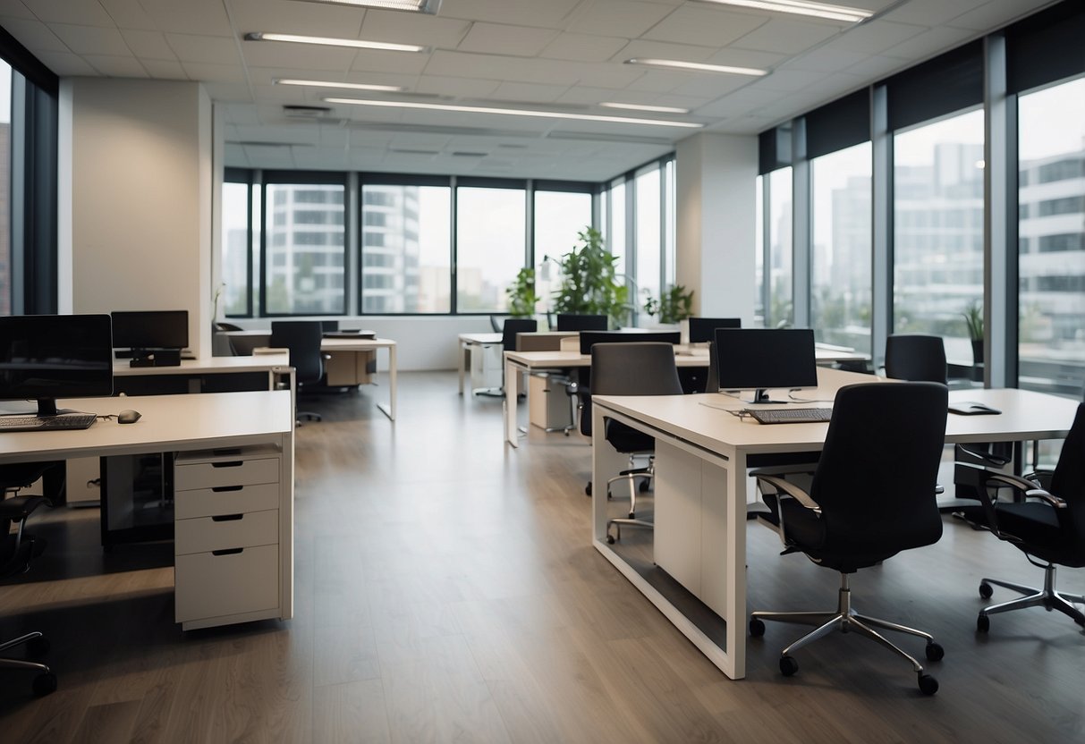 A modern office space with sleek, minimalist contract furniture arranged in an open layout with plenty of natural light