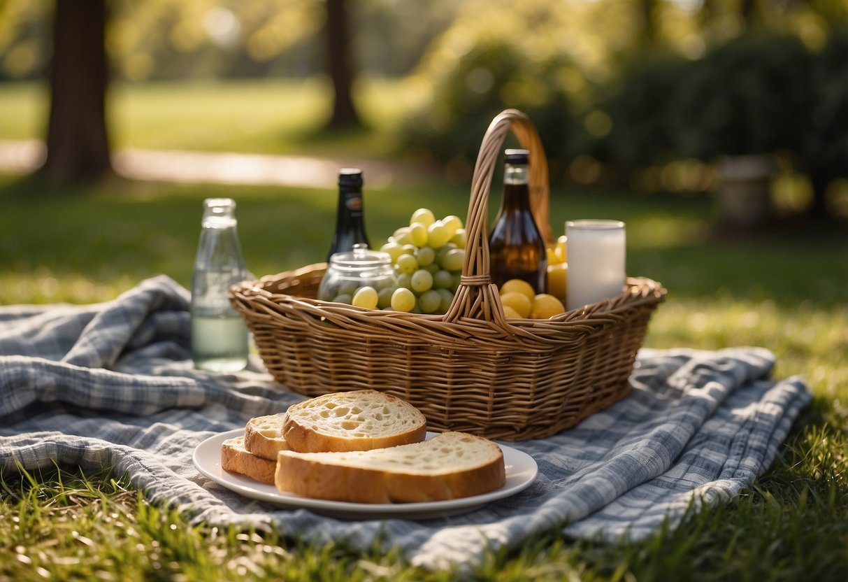 A cozy outdoor blanket lays spread out on a grassy picnic spot, surrounded by a basket of food and drinks. The sun shines down, casting dappled shadows across the soft fabric