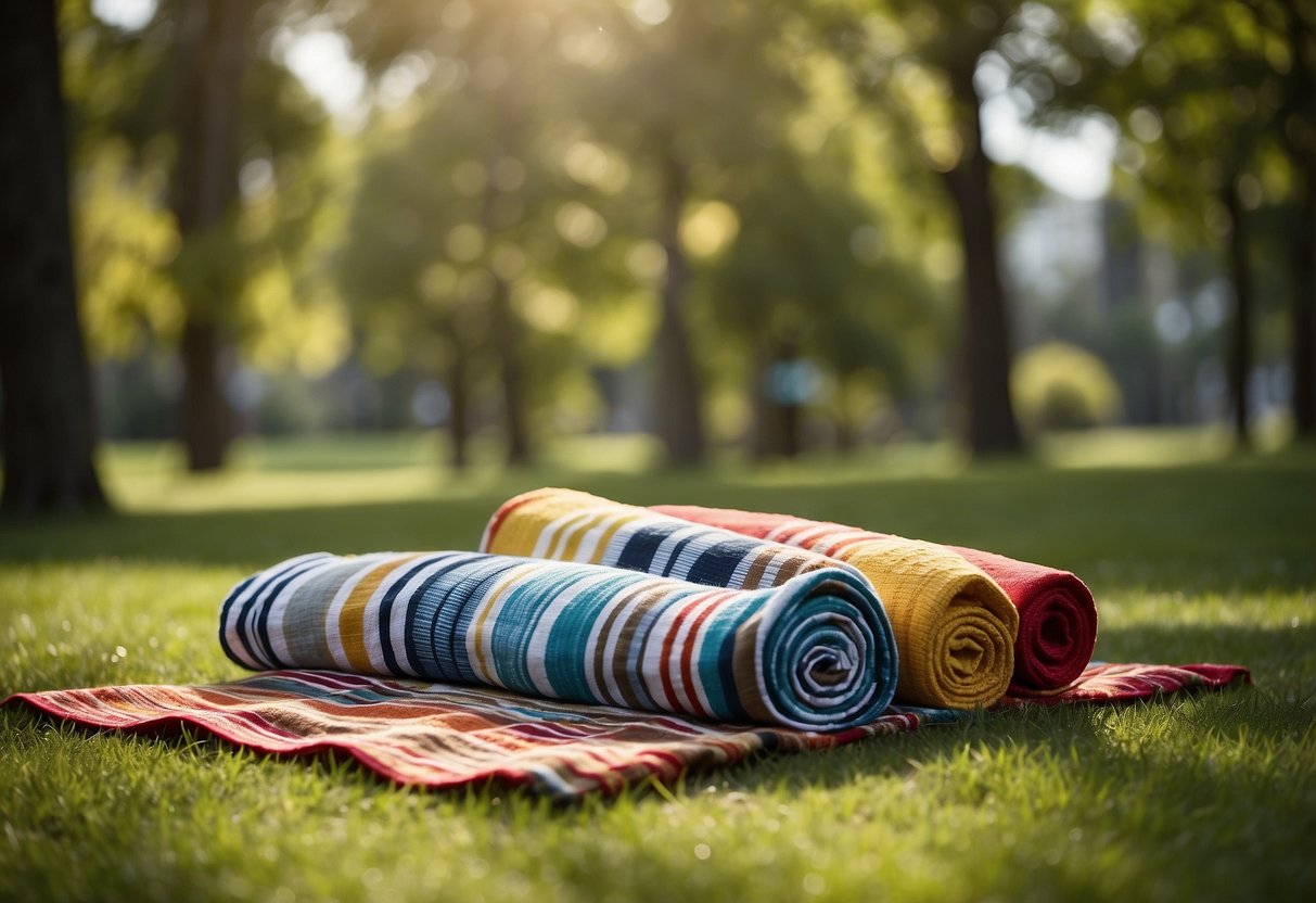 A colorful Montem Premium Roll-Up Blanket lays spread out on a grassy picnic area, surrounded by a selection of other picnic blankets, showcasing comfort and quality