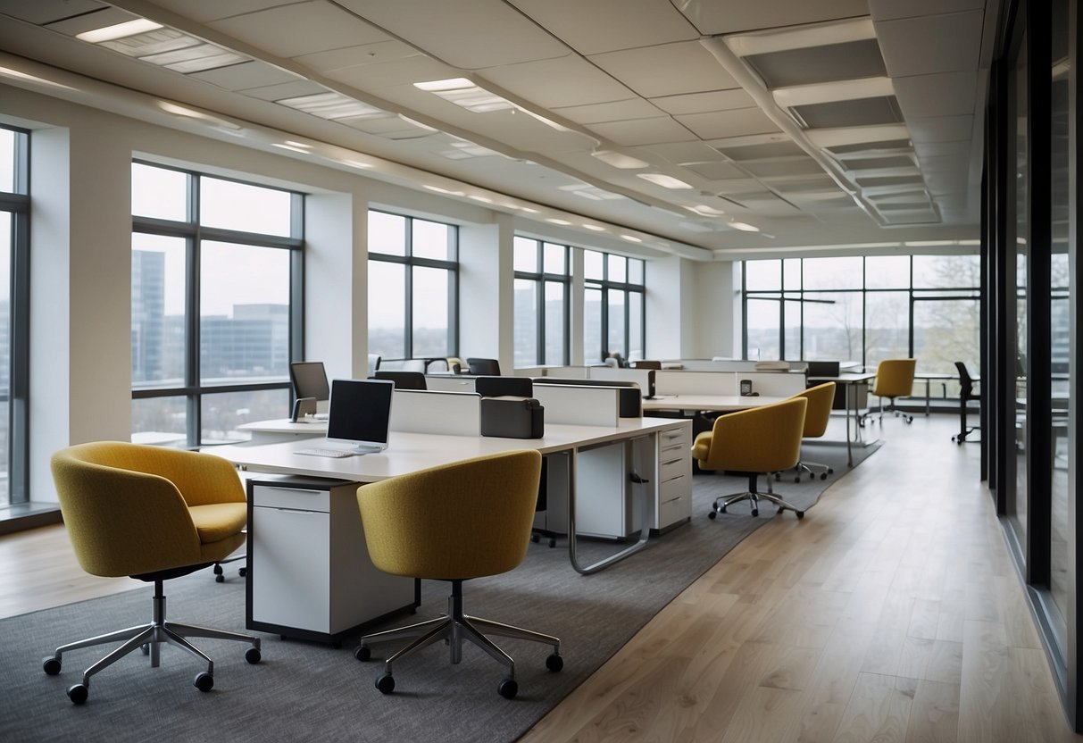 A modern office space with sleek, ergonomic furniture arranged in a collaborative layout. Bright, natural lighting floods the room, highlighting the clean lines and contemporary design of the contract furniture
