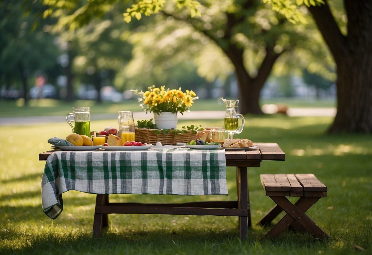 A lush green park with a colorful picnic spread on a soft, durable blanket. Surrounding trees provide shade and a gentle breeze rustles the fabric