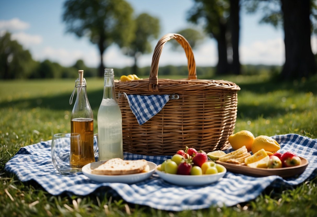 A picnic blanket laid out on green grass with a basket of food and drinks nearby, surrounded by trees and a clear blue sky