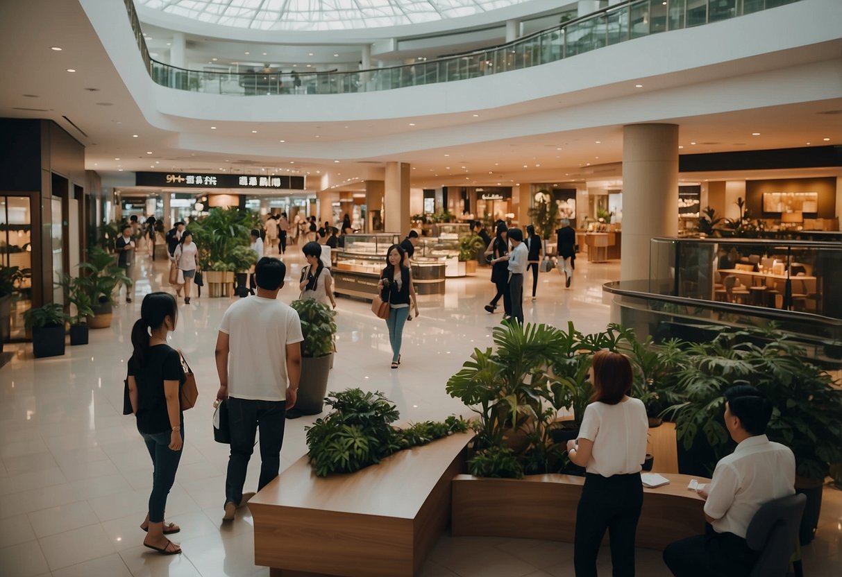 A bustling furniture mall in Singapore, with customers browsing through showrooms and staff assisting with inquiries at Toh Guan Road