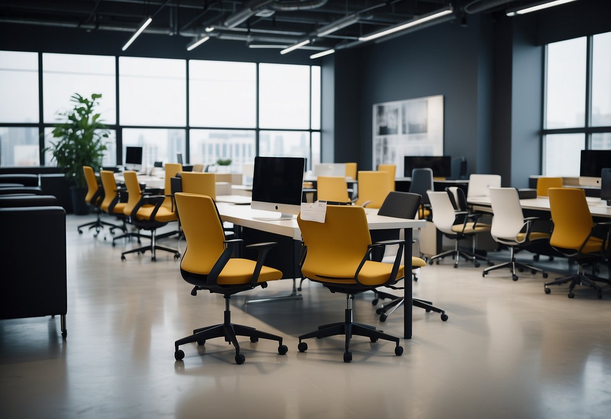 A designer carefully arranges modern office chairs and desks in a spacious showroom