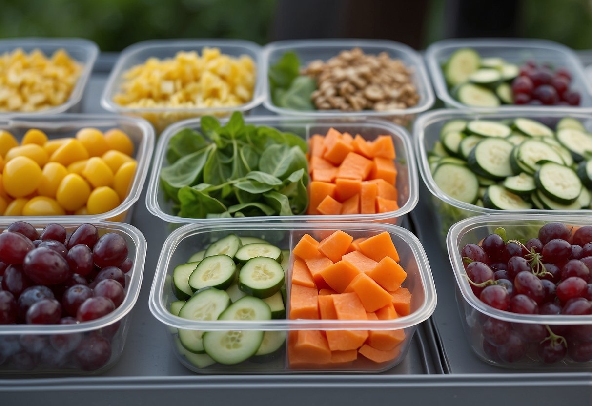 A colorful array of picnic salads arranged in portable containers, ready to be packed for travel. Each salad is fresh, vibrant, and enticing