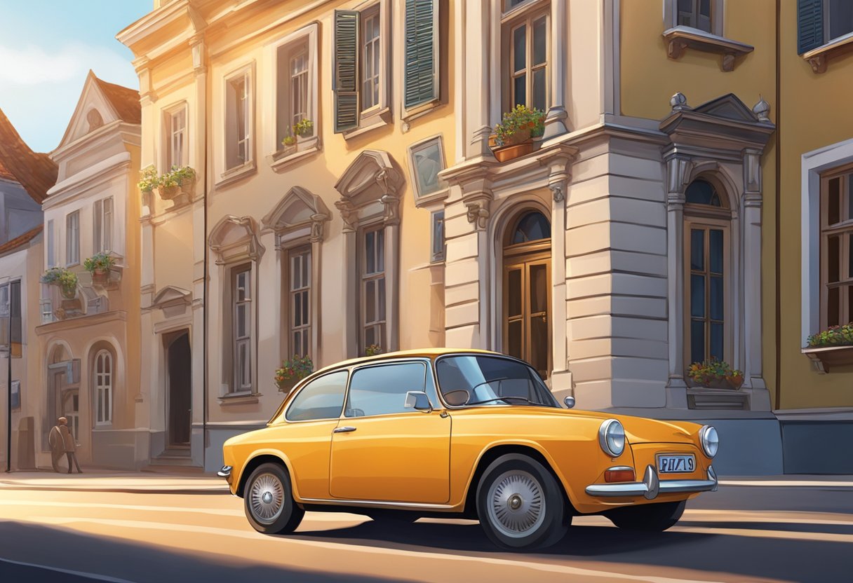 A car with the license plate "GRZ" parked in front of a historic building in a quaint European town. The sun is setting, casting a warm glow on the scene