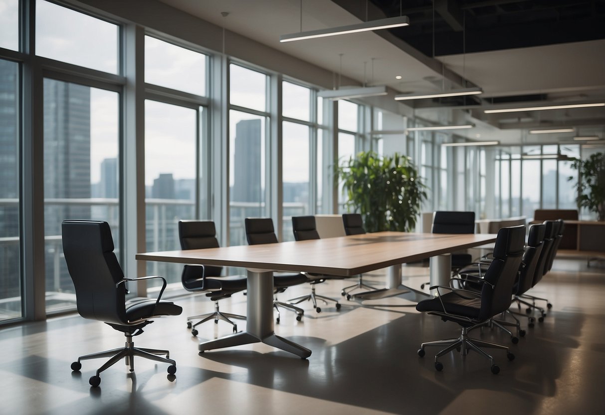 A group of office workers gather around a sleek and modern conference table, surrounded by ergonomic chairs. The room is filled with natural light, and the furniture exudes professionalism and comfort