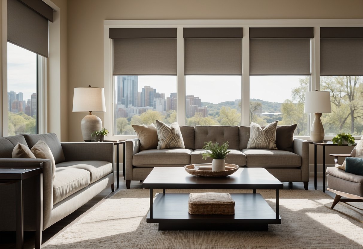 A modern living room with sleek furniture from Cort Rental, featuring a plush sofa, coffee table, and accent chairs arranged in front of a large window with natural light streaming in
