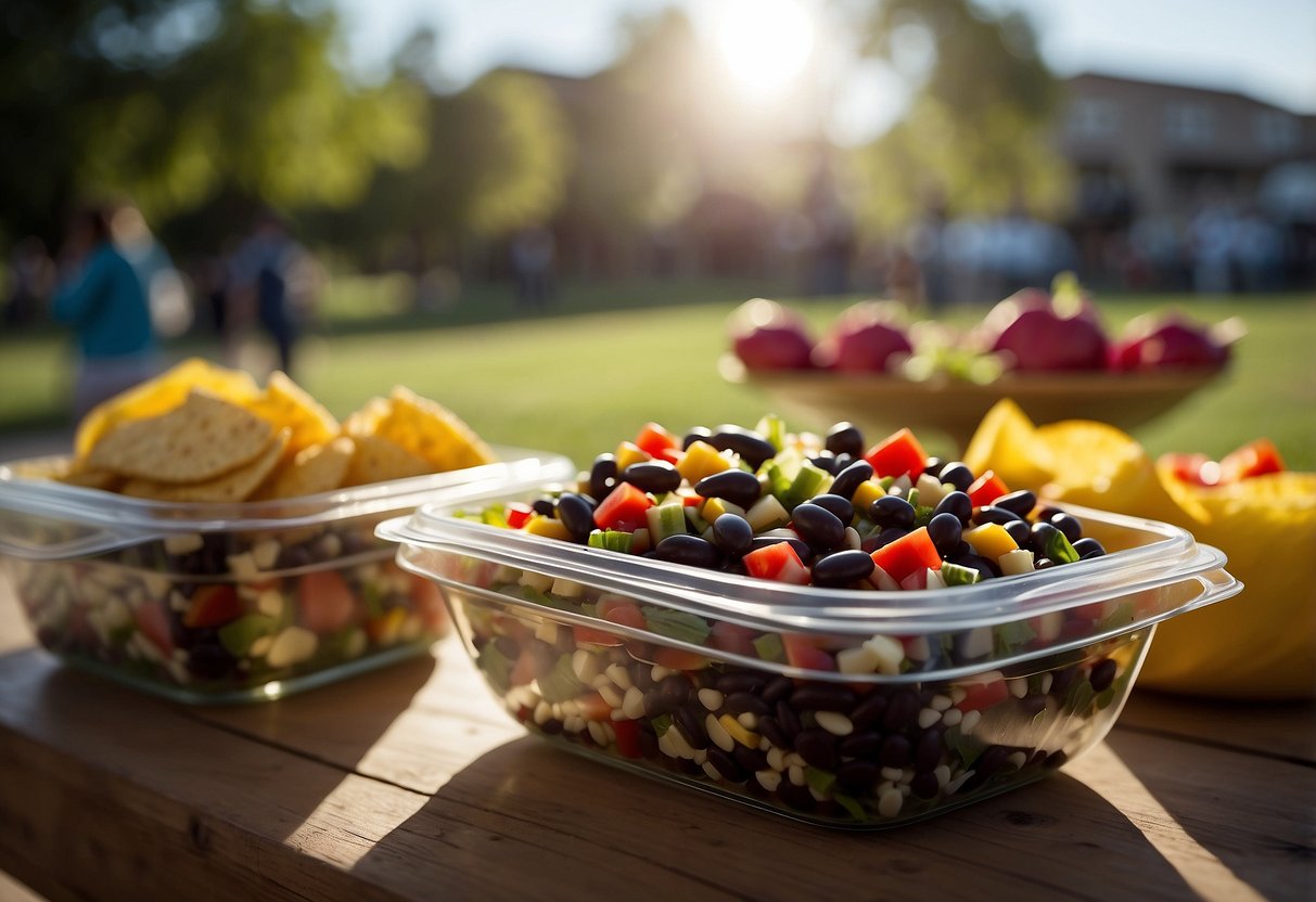 A colorful Southwest Black Bean Salad sits in a portable container next to a variety of other picnic salads. The sun is shining, and the scene exudes a sense of travel and outdoor dining