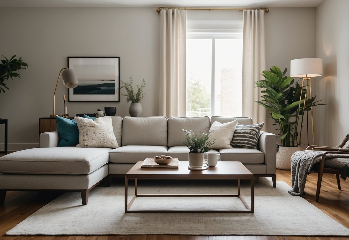 A bright, modern living room with sleek furniture from Cort Rental Services. A cozy sofa, elegant coffee table, and stylish decor create a welcoming atmosphere