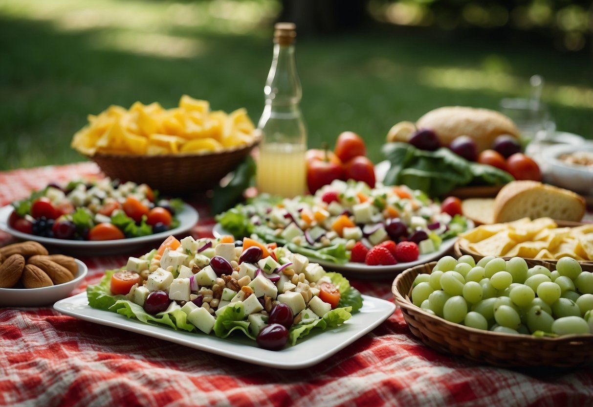 A picnic blanket spread with a colorful array of salads, including a vibrant Waldorf salad, surrounded by a lush outdoor setting