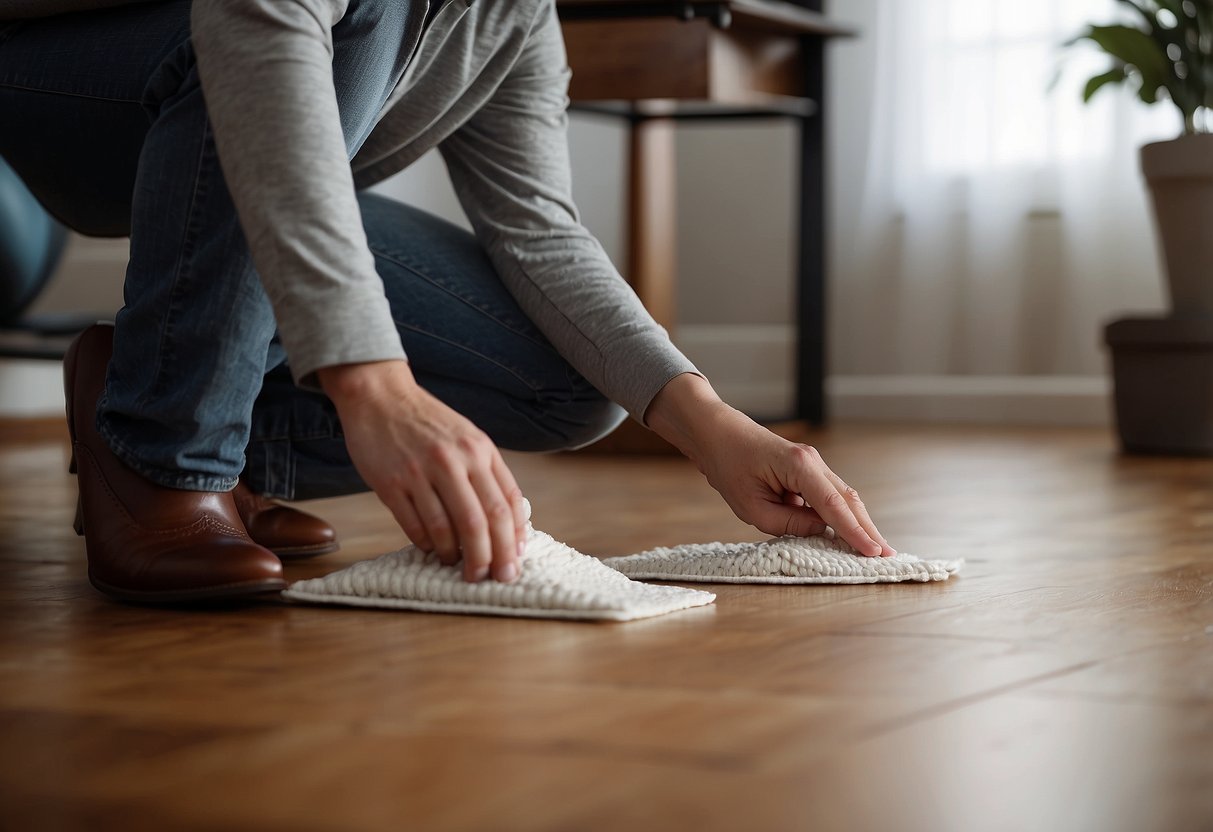 A person placing furniture pads under chair legs on a hardwood floor