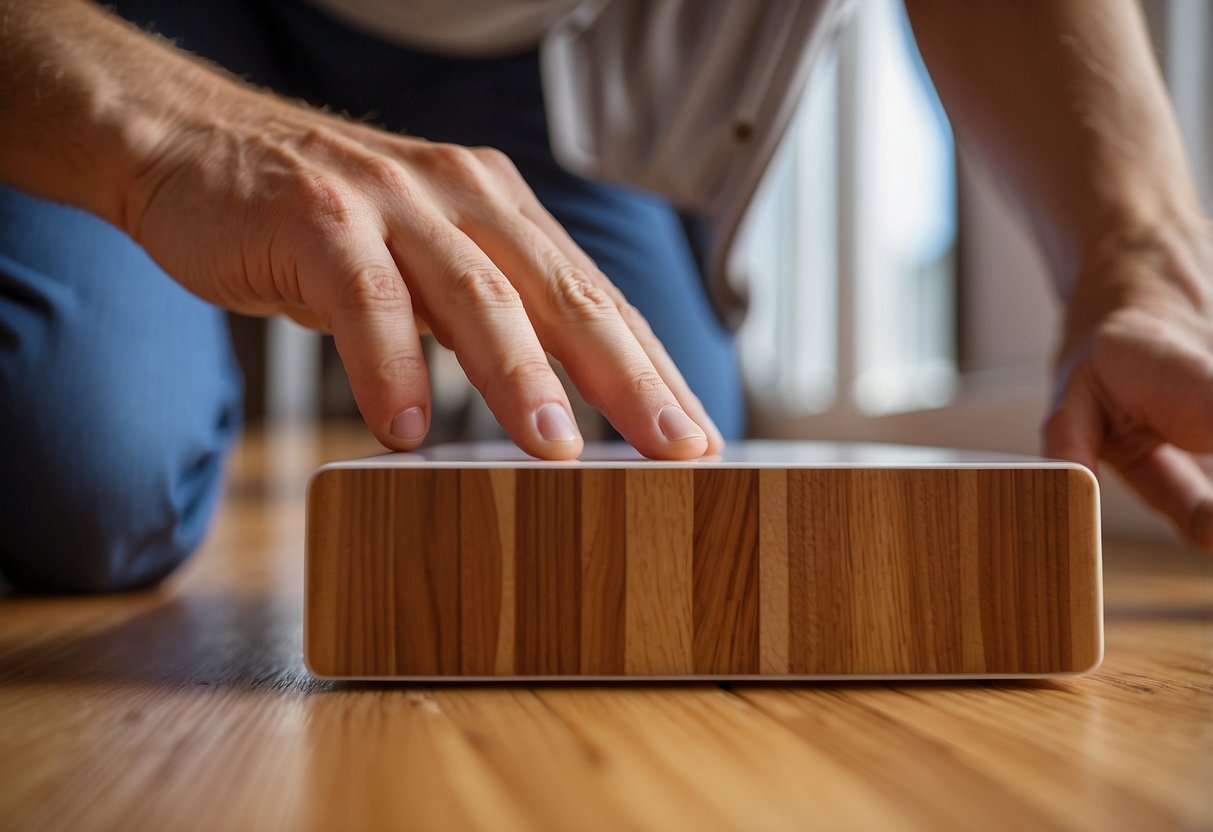 A hand reaching down to place a furniture pad under a chair leg on a hardwood floor