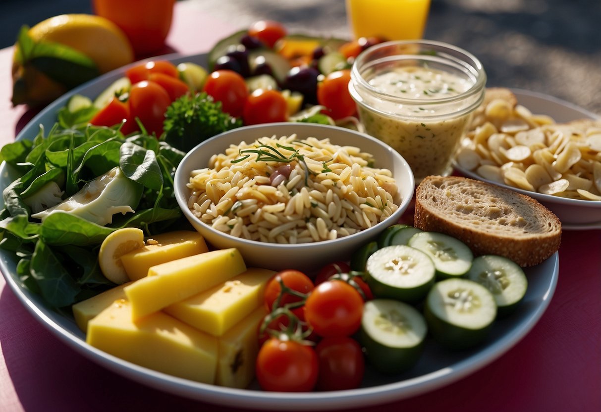 A colorful picnic spread with orzo antipasto salad, surrounded by other vibrant salads in travel containers