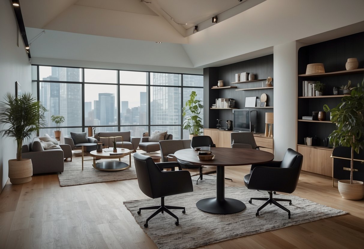 A modern living room with sleek furniture and a stylish office with ergonomic desks and chairs, all available for rental from Cort