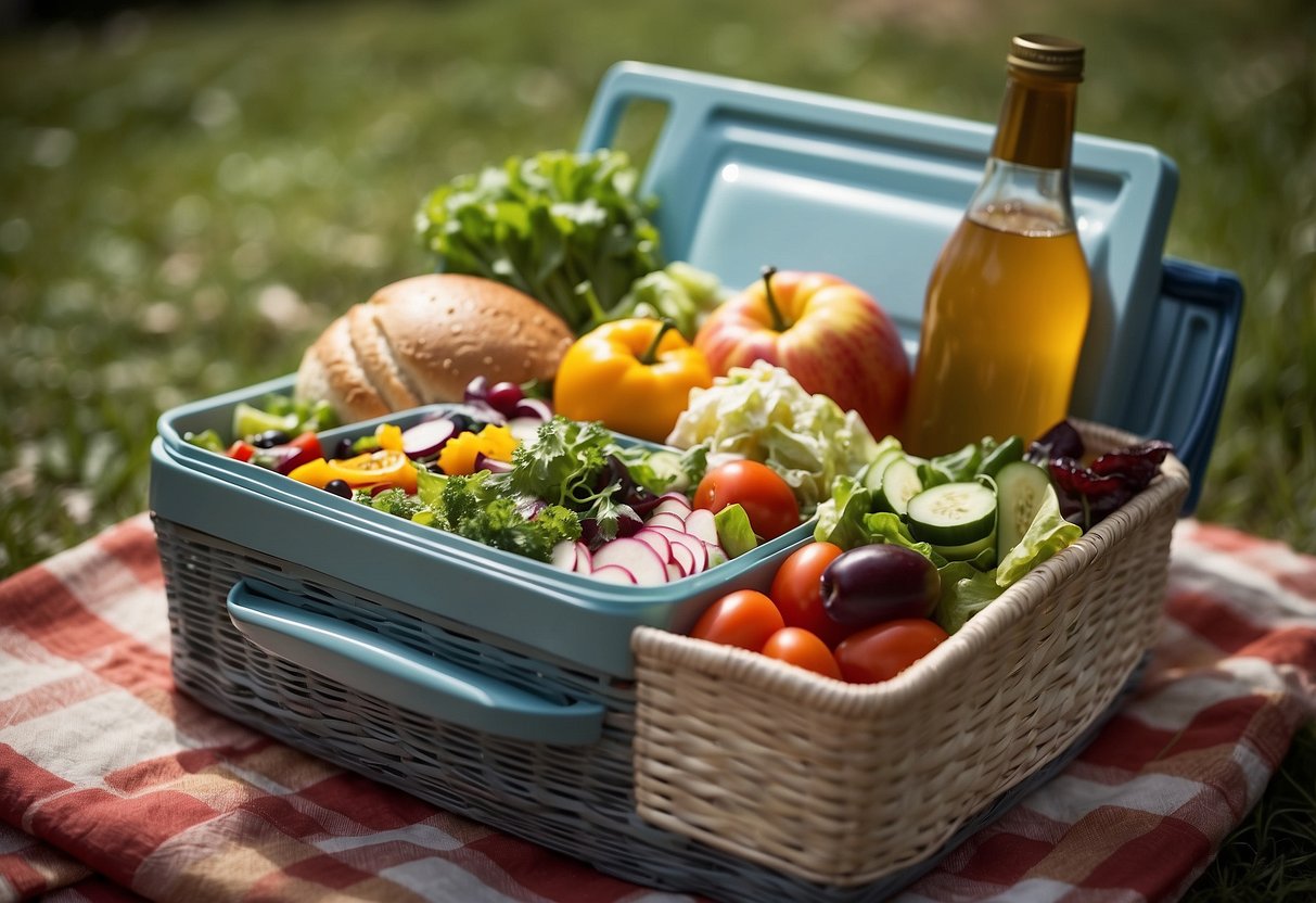 A picnic basket packed with colorful salads, neatly arranged in a variety of containers, surrounded by ice packs and insulated bags, ready for travel