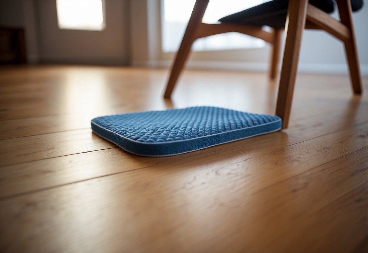 Furniture pads are placed under chair legs on a hardwood floor. The pads are cushioning and protective, preventing scratches and damage
