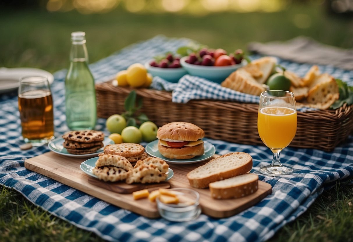 A vibrant picnic scene with themed decorations and food spread out on a checkered blanket, surrounded by nature and colorful accessories